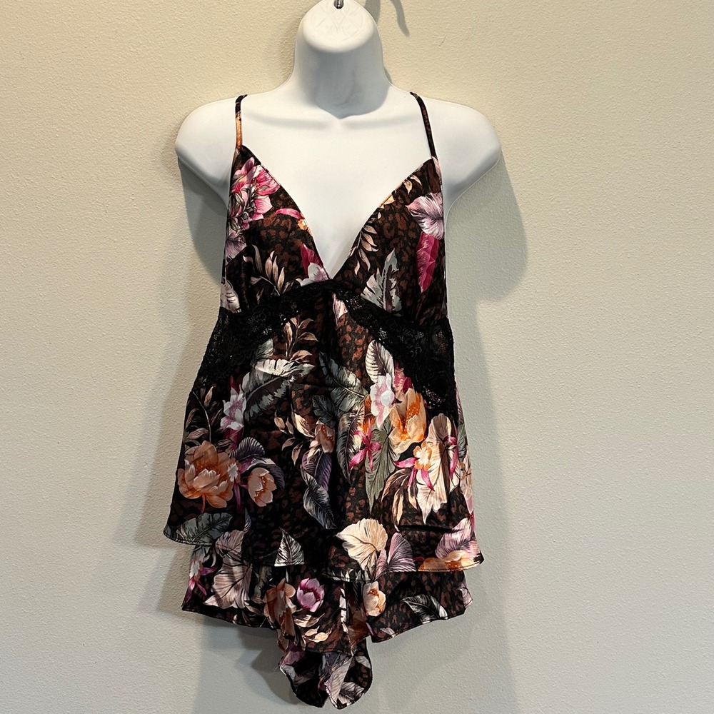 Linea Donatella Womens Floral Tropical Pajama Set Cami Shorts Black‎ Pink Large